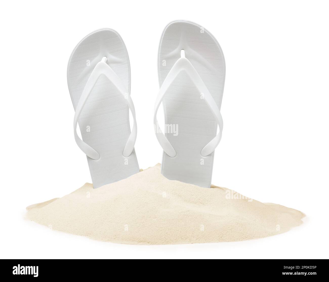 Bright flip flops in sand on white background Stock Photo - Alamy