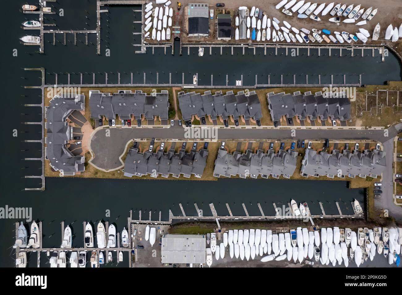 An aerial top view of apartment condos on Long Island, Freeport, New