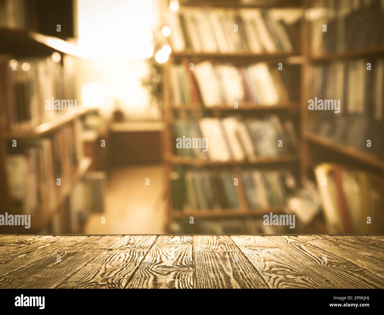 Empty wooden table in library. Space for design Stock Photo - Alamy