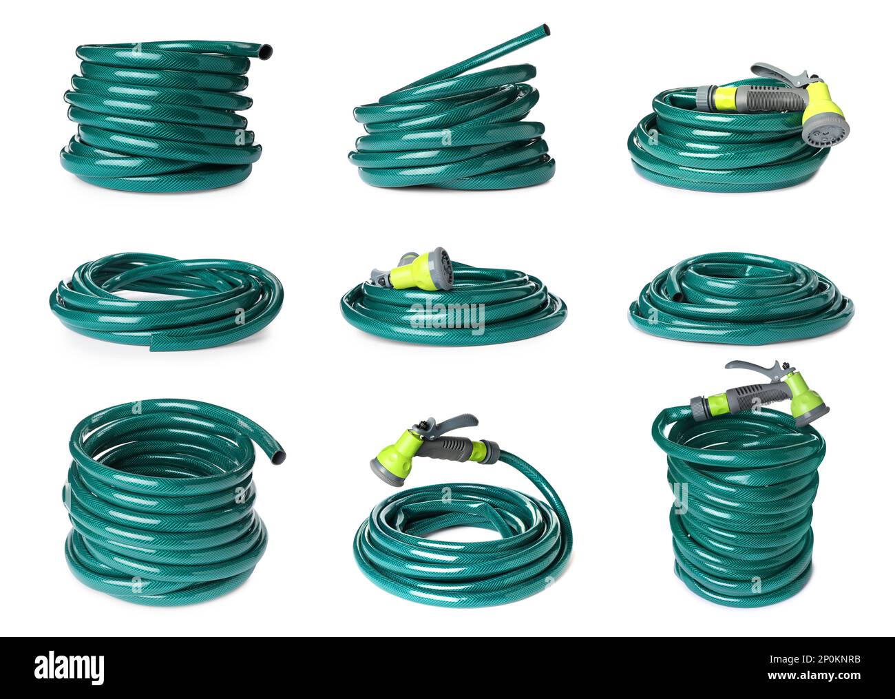 Set with green rubber watering hoses on white background Stock Photo