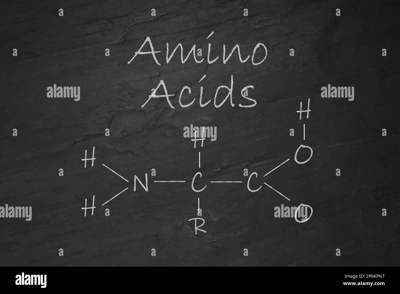 Text Amino Acids and chemical formula on black slate surface Stock Photo