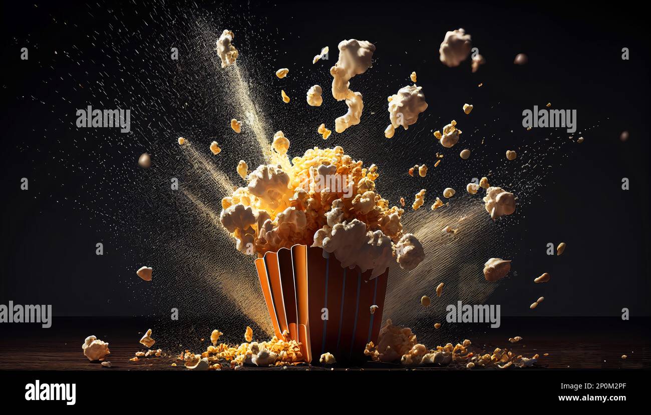 Popcorn explosion in the box. Cinema and movie snack illustration Stock