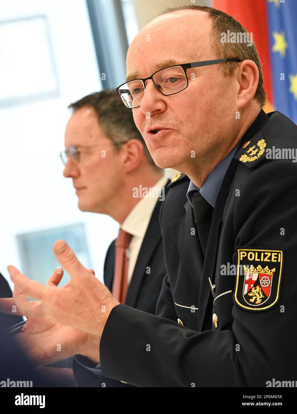 Mainz, Germany. 03rd Mar, 2023. Friedel Durben (r), Inspector of the Rhineland-Palatinate Police, and Michael Ebling (SPD), Interior Minister of Rhineland-Palatinate, present reforms and modernizations in the fight against crime at a press conference at the Ministry of the Interior. The aim is to better position the state police for the challenges of crime in times of increasing digitalization and internationalization. Credit: Arne Dedert/dpa/Alamy Live News Stock Photo