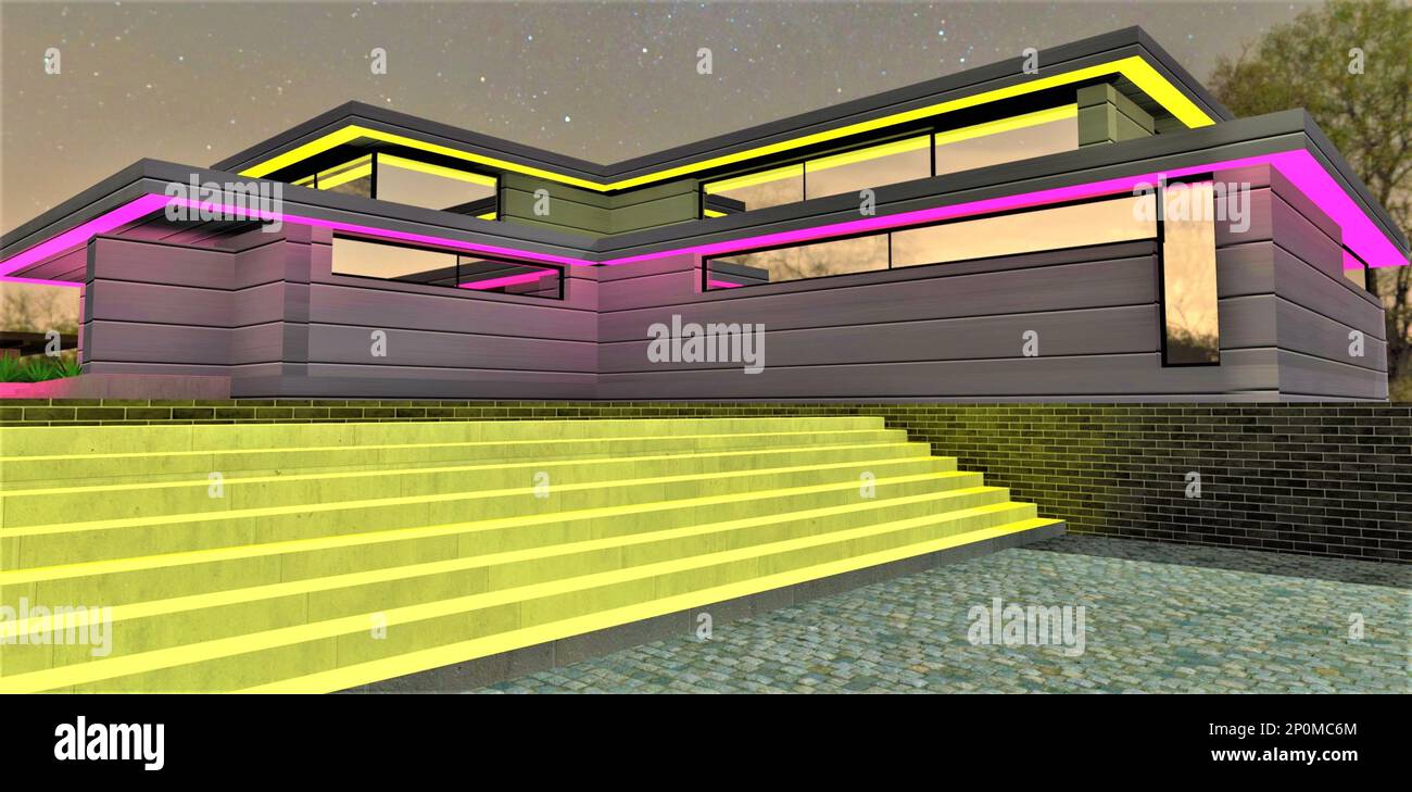 Concrete staircase painted with yellow fluorescent paint that glows at night. Looks nice in the