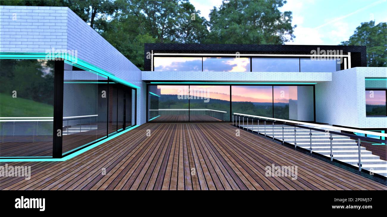 Nice wooden terrace of the luxury mansion finished with combined brick