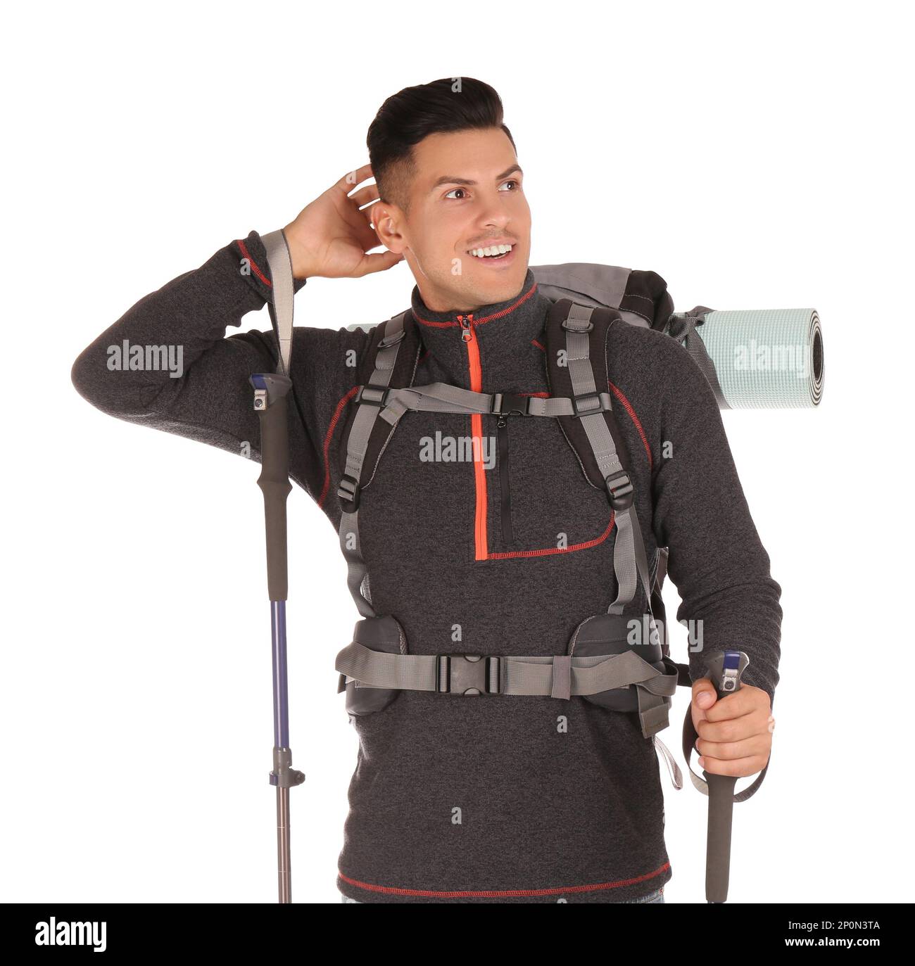Male hiker with backpack and trekking poles on white background Stock ...