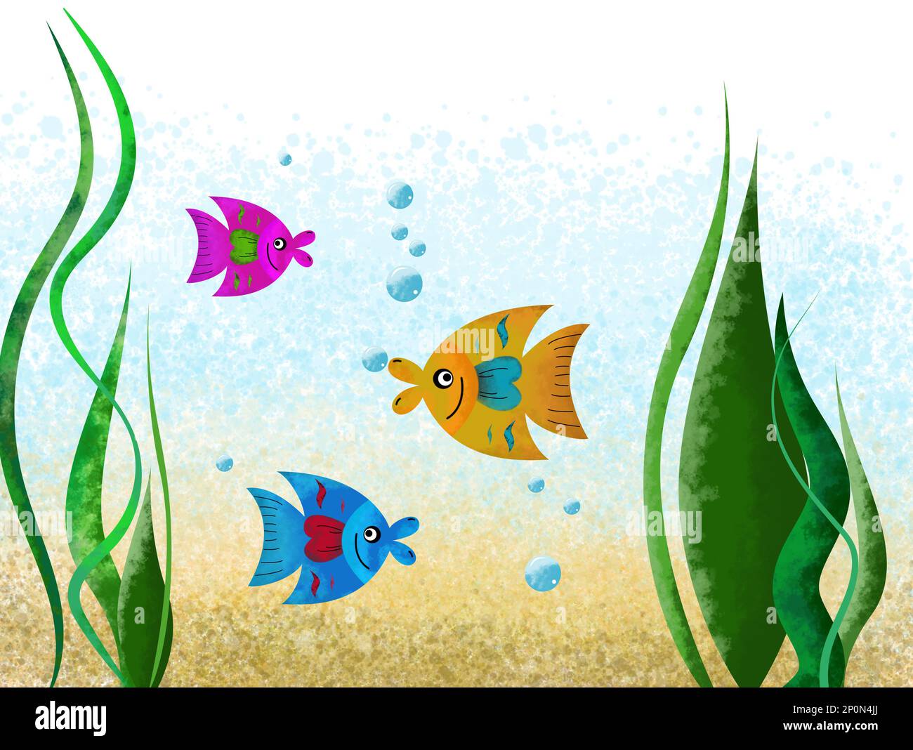 Drawing of beautiful fish in underwater world. Child art Stock Photo