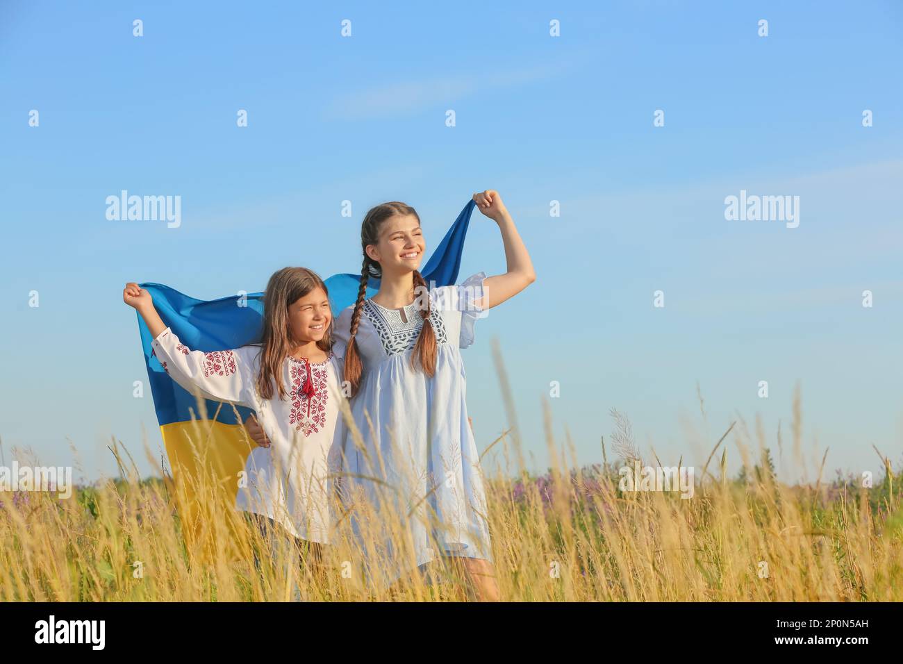 Happy girls with national flag of Ukraine in field. Space for text Stock Photo