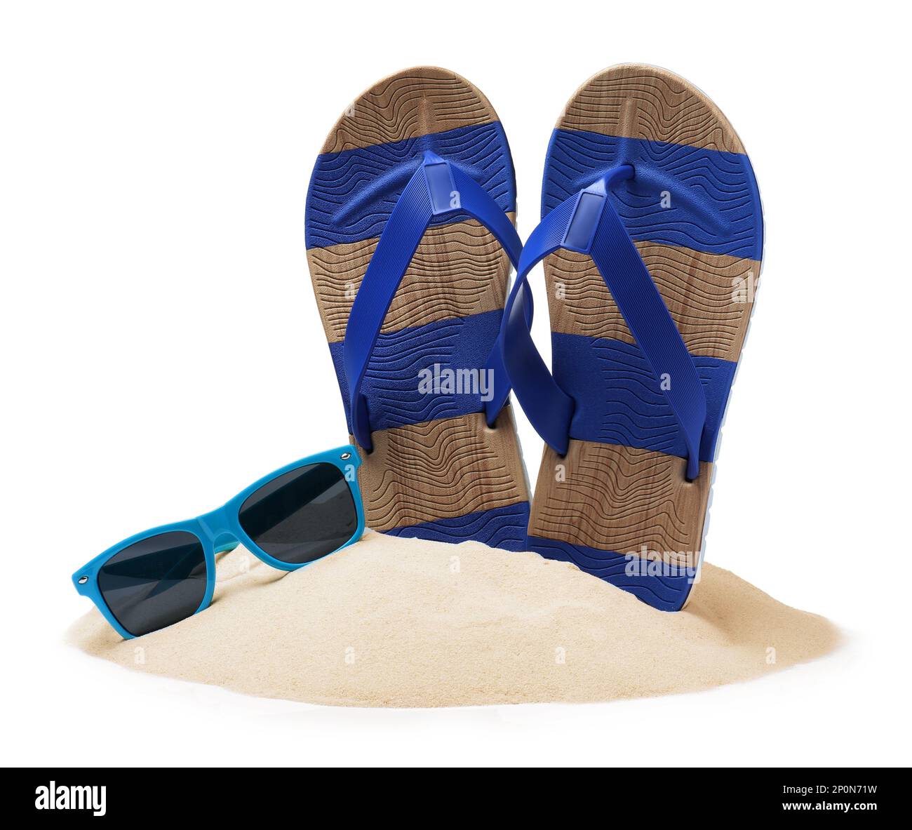Striped flip flops in sand and sunglasses on white background Stock ...