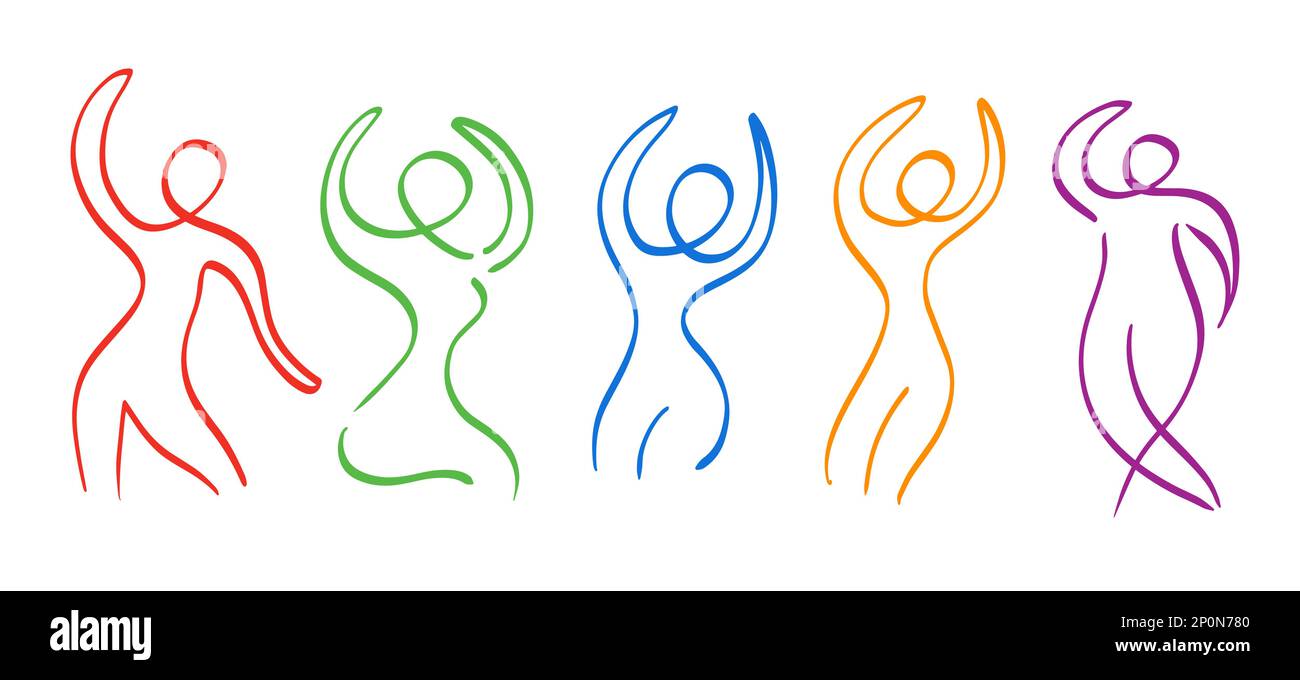 Group of dancing people shapes. Hand drawn icon women figure set Stock Vector