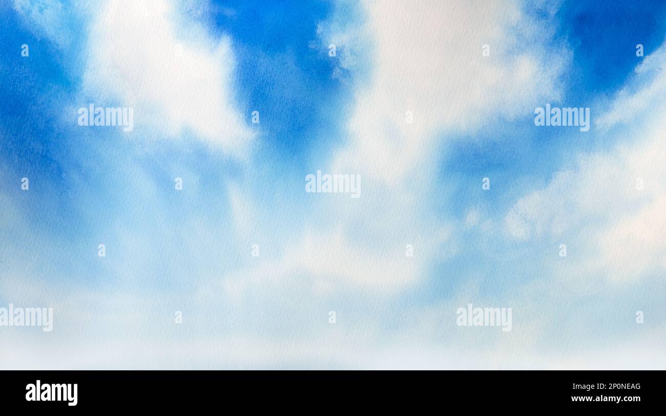 watercolor illustration of landscape, blue sky with white clouds Stock ...