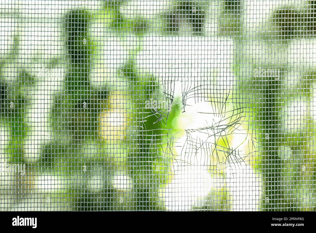 Torn window screen against blurred background, closeup Stock Photo