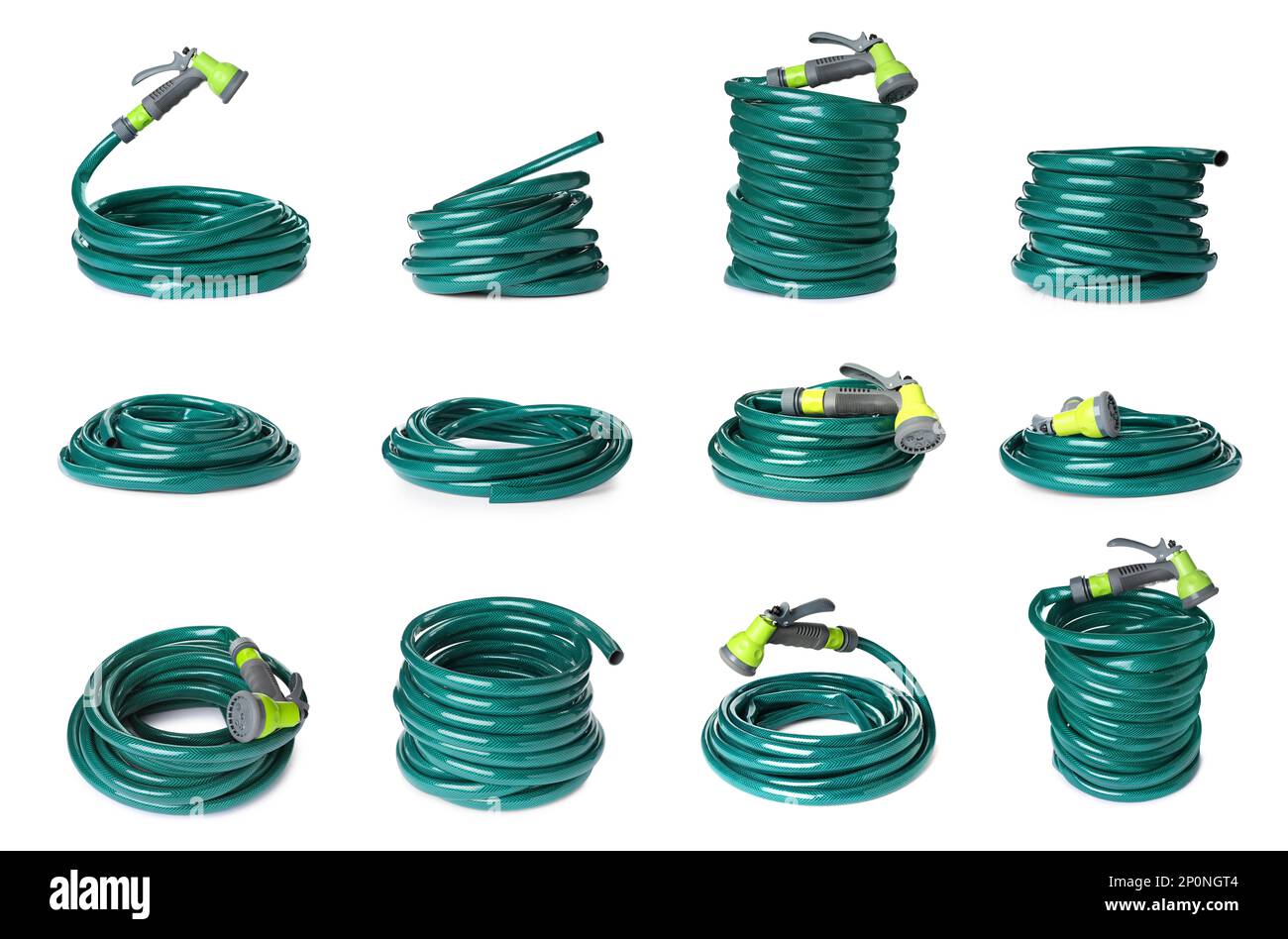 Set with green rubber watering hoses on white background Stock Photo