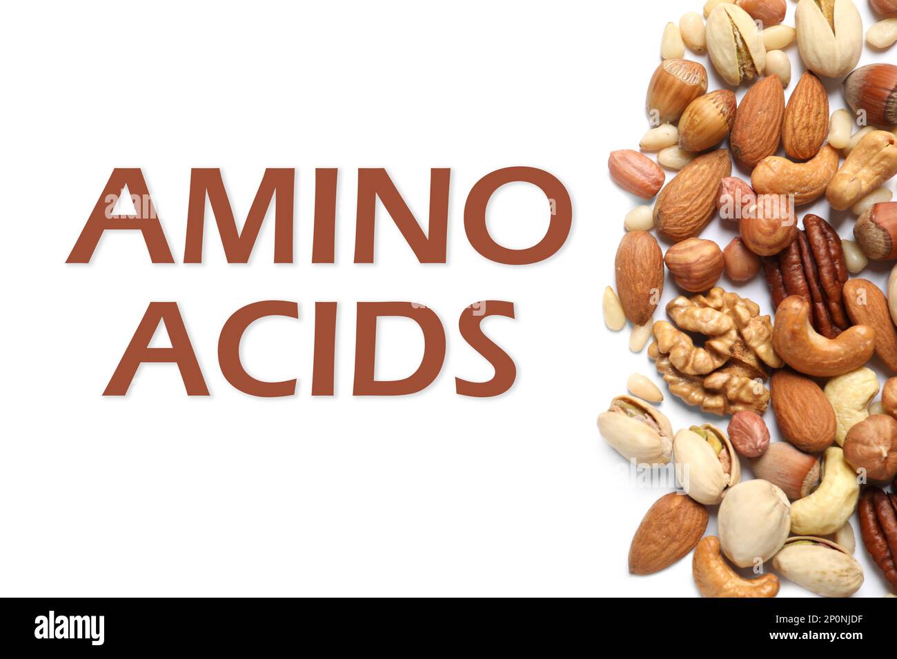 Different delicious nuts on white background, flat lay. Sources of