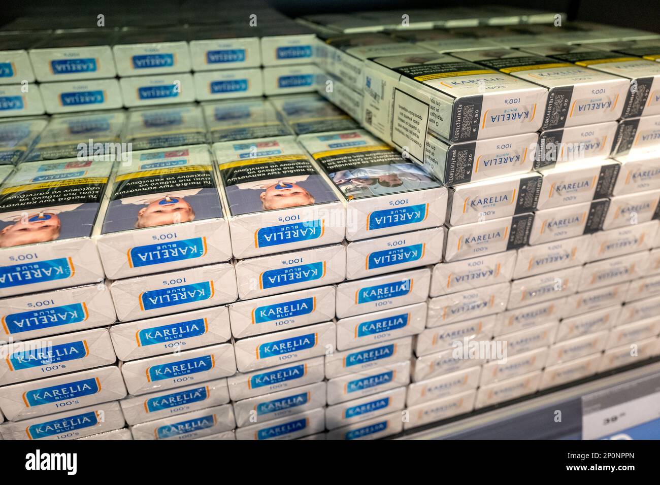 Athens, February 28th 2023: Duty free cigarettes on sale at the airport  Stock Photo