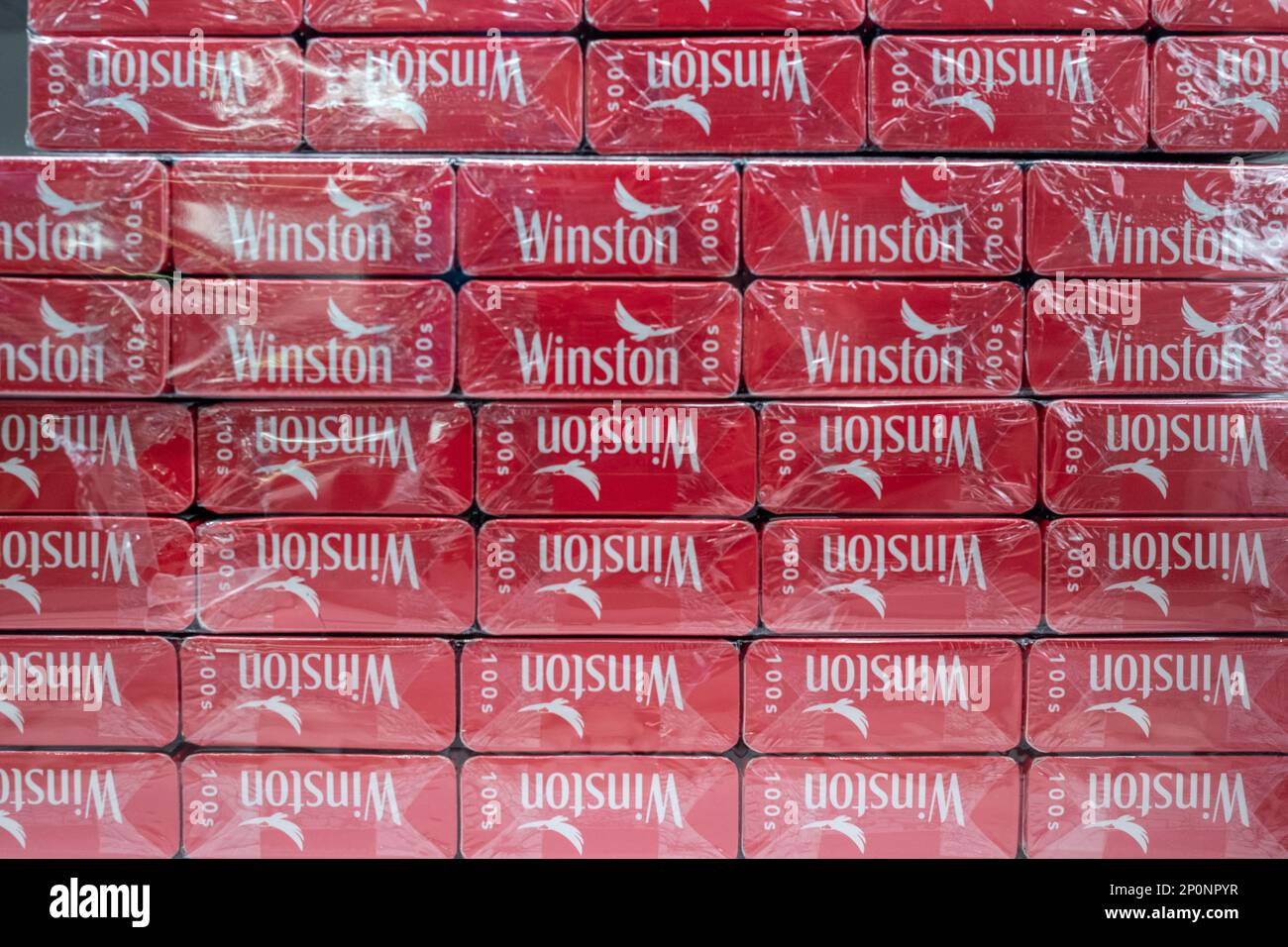 Athens, February 28th 2023: Duty free cigarettes on sale at the airport  Stock Photo