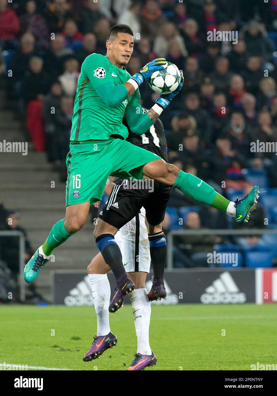 Paris Saint-Germain's goalkeeper Alphonse Areola in action during the  Champions League group A soccer match between FC Basel and Paris Saint- Germain at the St. Jakob-Park stadium in Basel, Switzerland, Tuesday Nov. 1,