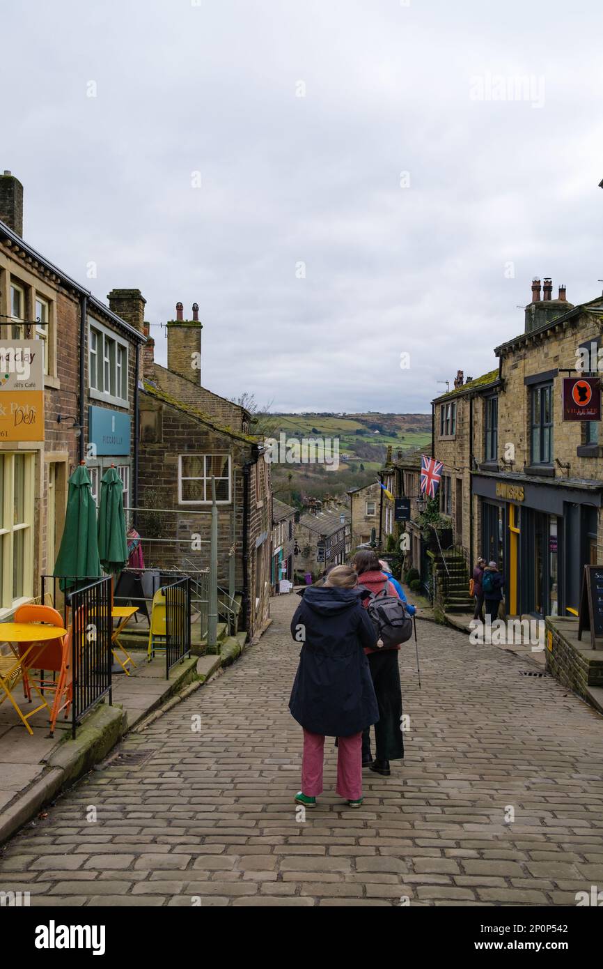 Haworth, West Yorkshire, UK. The steep hill that is Main Street in