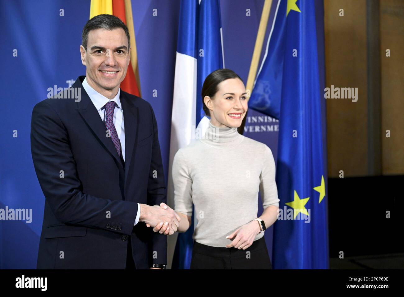 Finnish Prime Minister Sanna Marin, right, shakes hands with Spanish counterpart Pedro Sanchez during their meeting in Helsinki, Finland, Friday March 3, 2023, (Heikki Saukkomaa/Lehtikuva via AP) Stock Photo