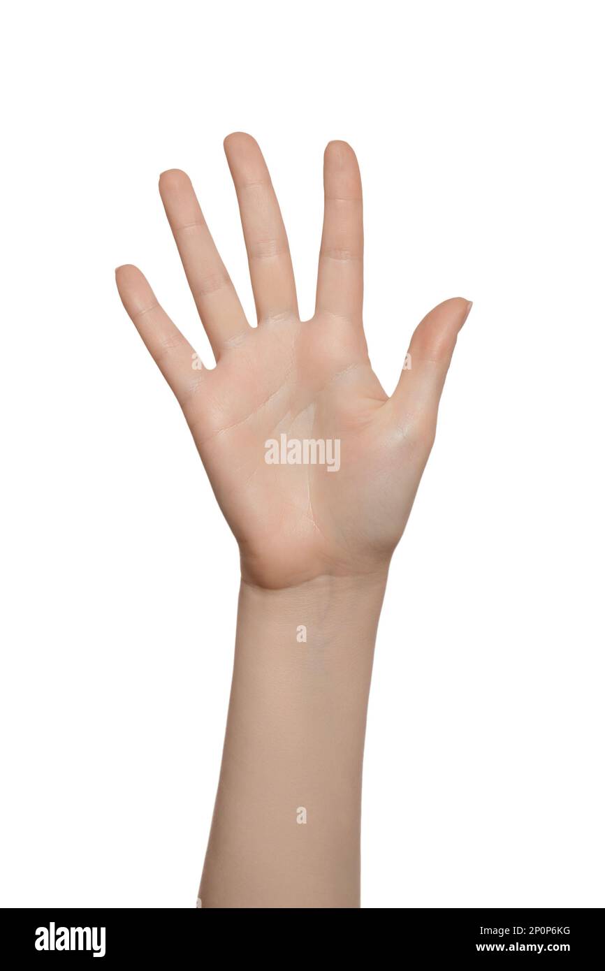 Woman's hand pointing 5 fingers up, number five, high five, stop