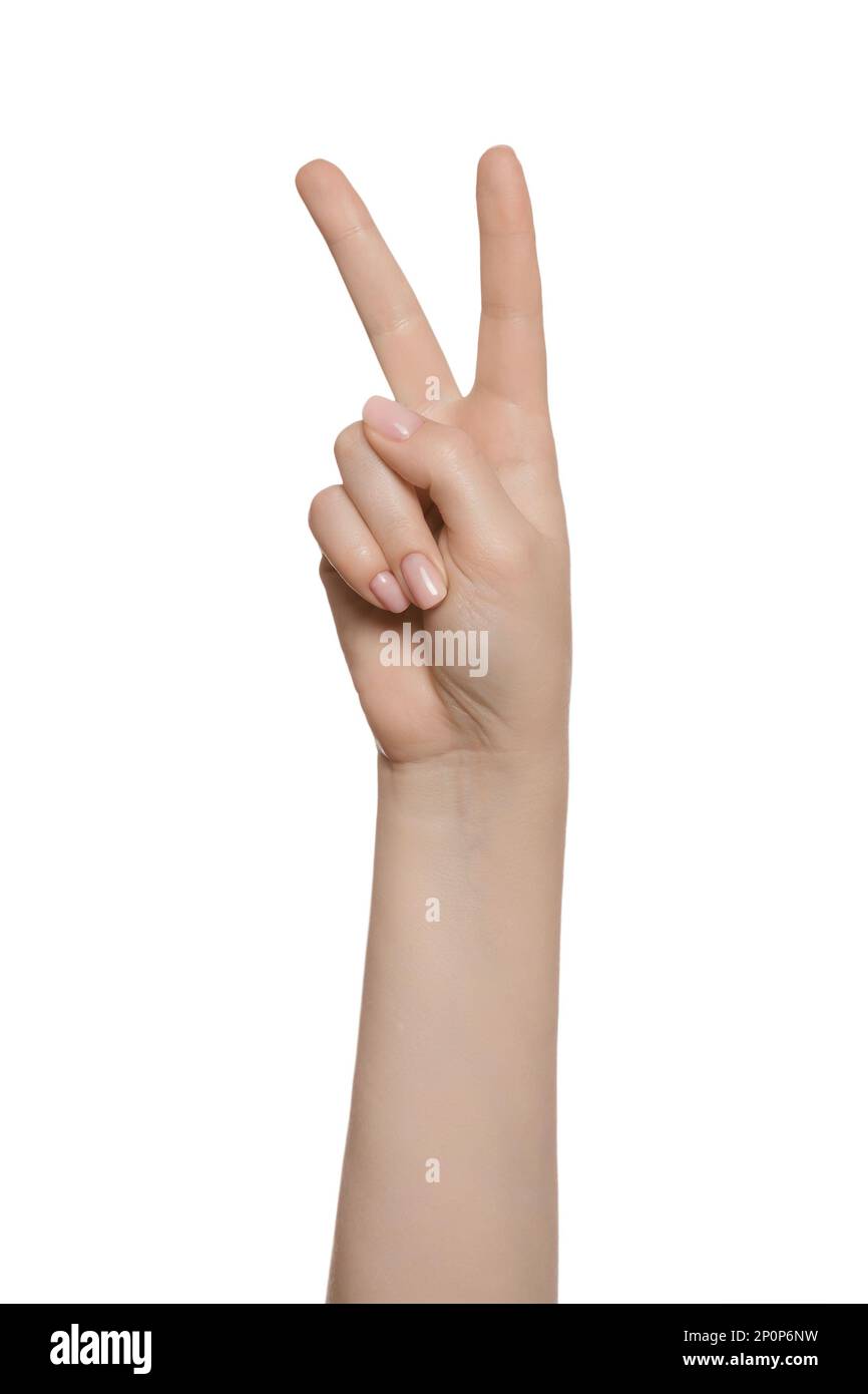 Woman's hand pointing two fingers up, number two, peace sign, victory