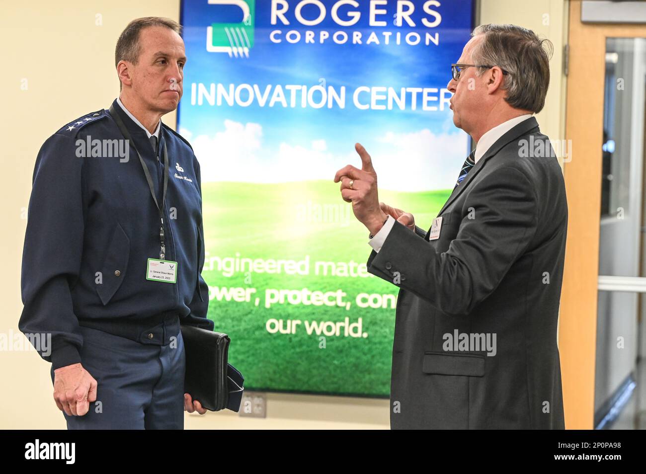 Peter Boynton, vice president of Northeastern University’s Innovation Campus, speaks with Lt. Gen. Shaun Q. Morris, Air Force Life Cycle Management Center commander, during a tour of the campus in Burlington, Mass., Jan 23. The visit focused on current partnerships and opportunities for future collaboration between Hanscom Air Force Base and Northeastern University. Stock Photo