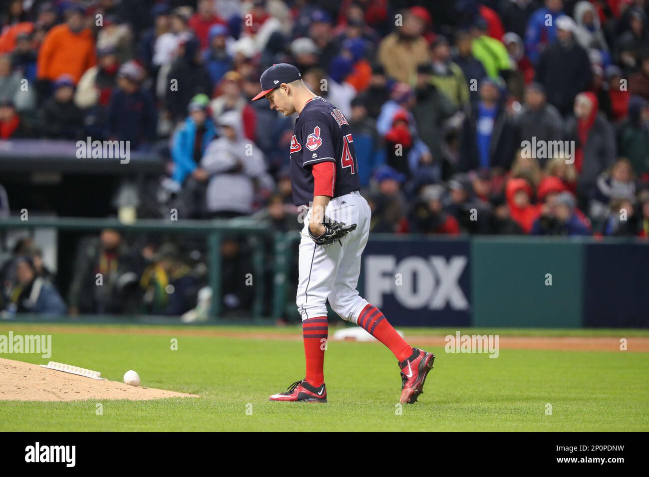 OCT 26 2016 Cleveland Indians starting pitcher Trevor Bauer 47 during Game 2 of the 2016 World Series against the Chicago Cubs and the Cleveland Indians at Progressive Field in Cleveland OH