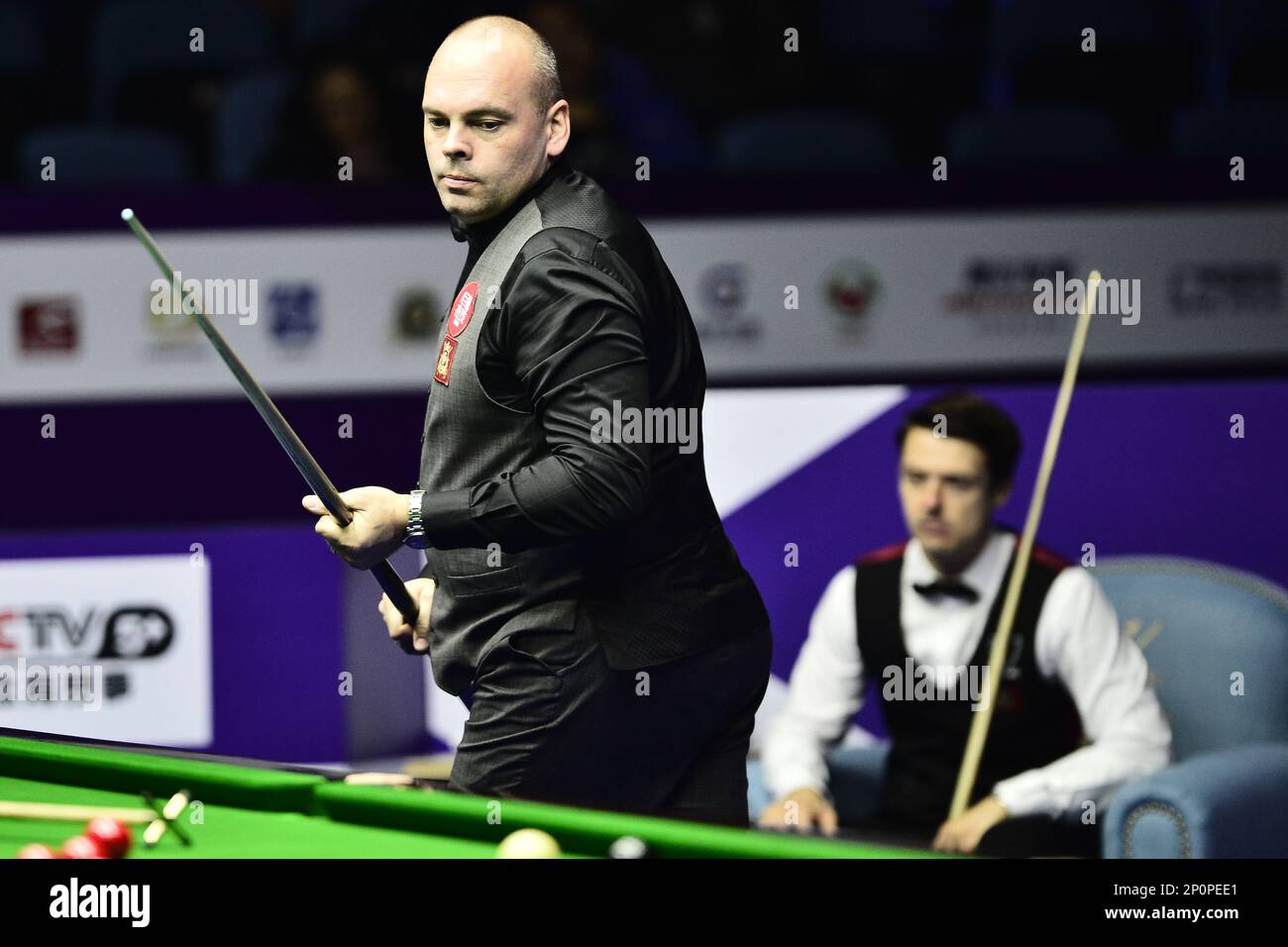 Stuart Bingham of England considers a shot against Michael Holt of England in their quarterfinal match during the World Snooker International Championship 2016 in Daqing city, northeast Chinas Heilongjiang province, 27 October