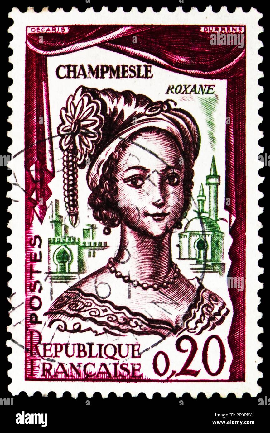 MOSCOW, RUSSIA - FEBRUARY 15, 2023: Postage stamp printed in France shows La Champmeslé (1642-1698) in the Role of Roxane, French Actors and Actresses Stock Photo