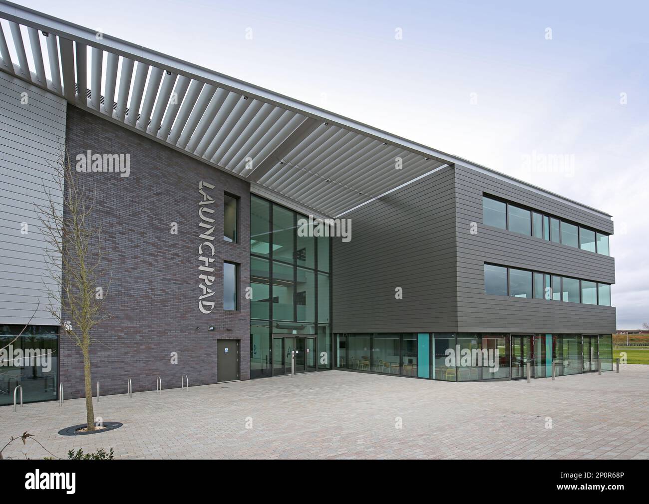 The Launchpad building. A new office and workshop hub on the Southend Airport Business Park. Designed by BDP, built by Morgan Sindall. Stock Photo