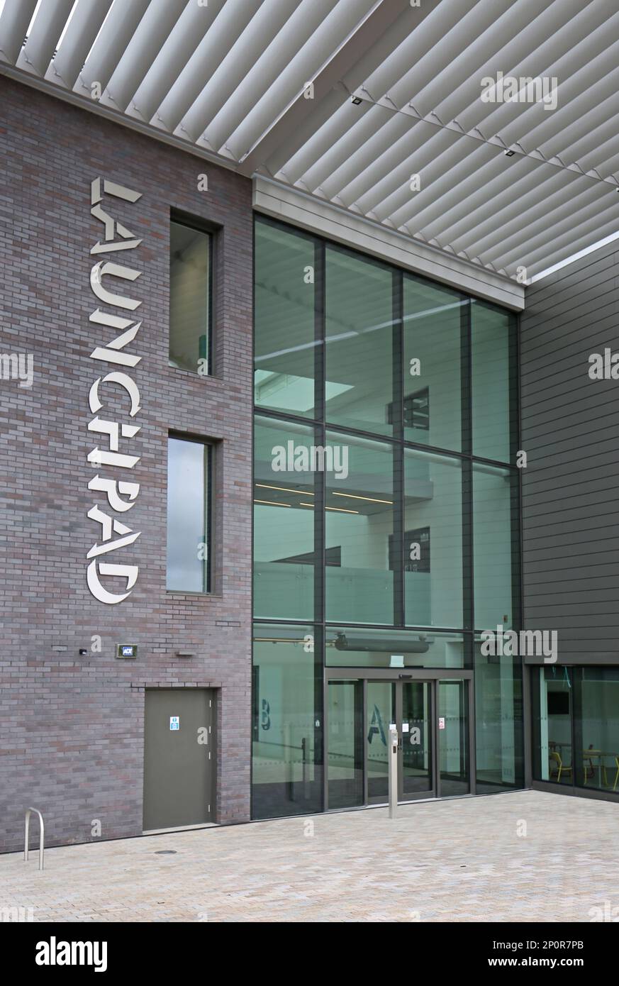 Entrance to the Launchpad building. A new office and workshop hub on the Southend Airport Business Park. Designed by BDP, built by Morgan Sindall. Stock Photo