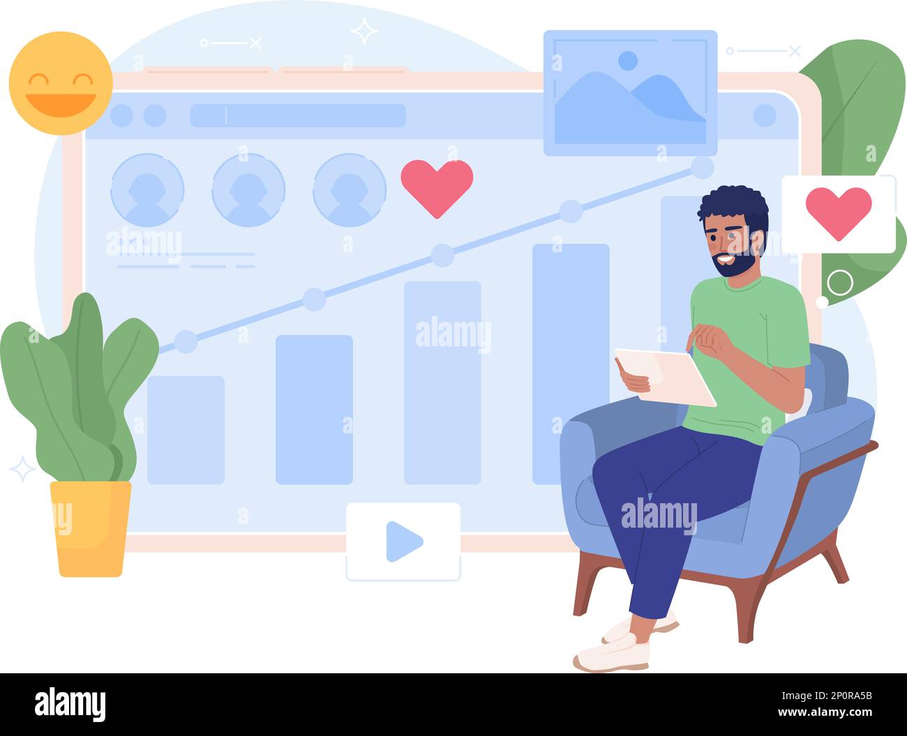Analyzing audience data on social media flat concept vector spot illustration Stock Vector