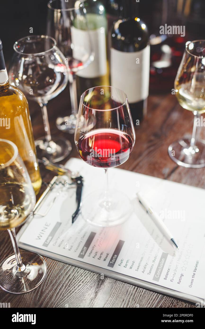 Wine tasting, evaluation accessories on countertop Stock Photo - Alamy