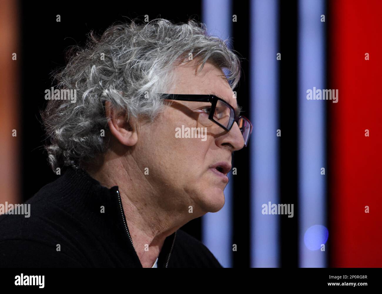 Paris, France. 03rd Mar, 2023. Michel Onfray is interviewed by Benjamin  Duhamel on RMC/BFMTV in