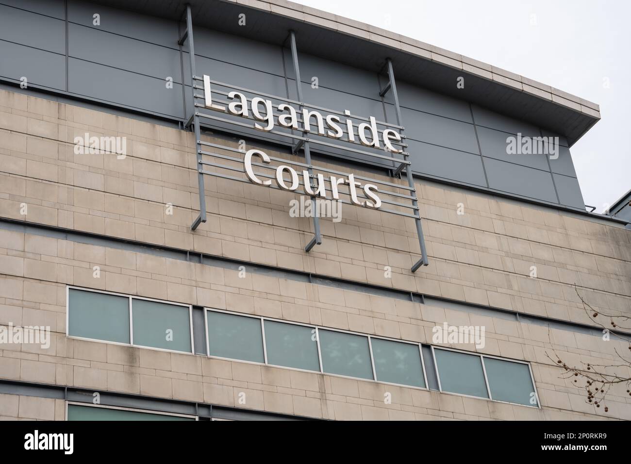 Belfast City, Co Antrim, Northern Ireland, February 17th 2023. Signage on Laganside Court Buildings Stock Photo