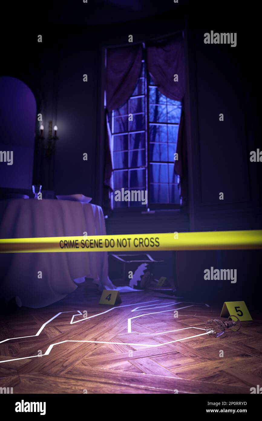 crime scene inside a traditional house, 3d render Stock Photo