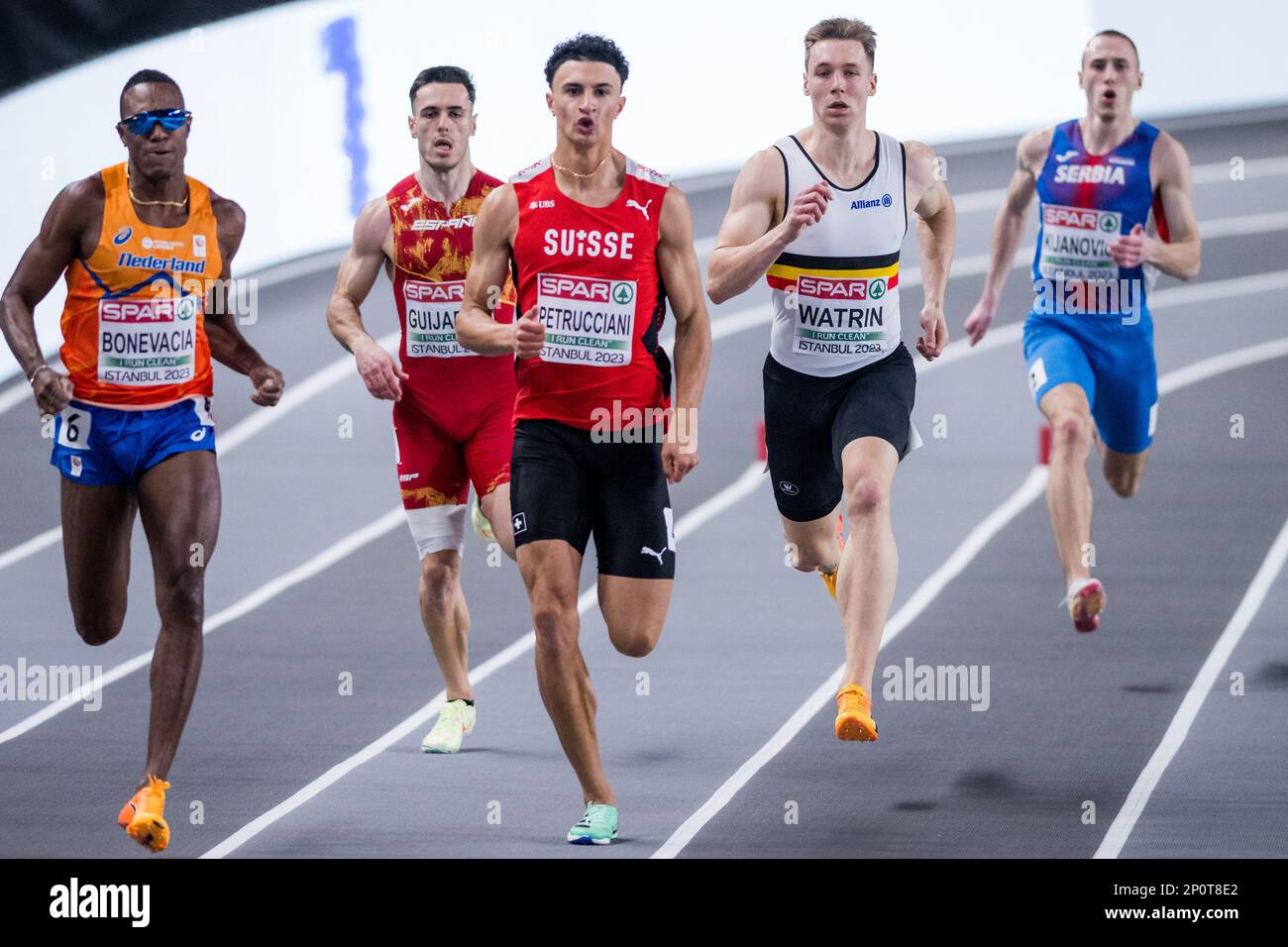 Istanbul, Turkey on Friday 03 March 2023. Istanbul, Turkey, Friday 03 March 2023. Dutch Liemarvin Bonevacia, Spanish Manuel Guijarro, Swiss Ricky Petrucciani, Belgian Julien Watrin and Serbian Bosko Kijanovic pictured in action during the men's 400m heats at the 37th edition of the European Athletics Indoor Championships, in Istanbul, Turkey on Friday 03 March 2023. The championships take place from 2 to 5 March. BELGA PHOTO JASPER JACOBS Stock Photo