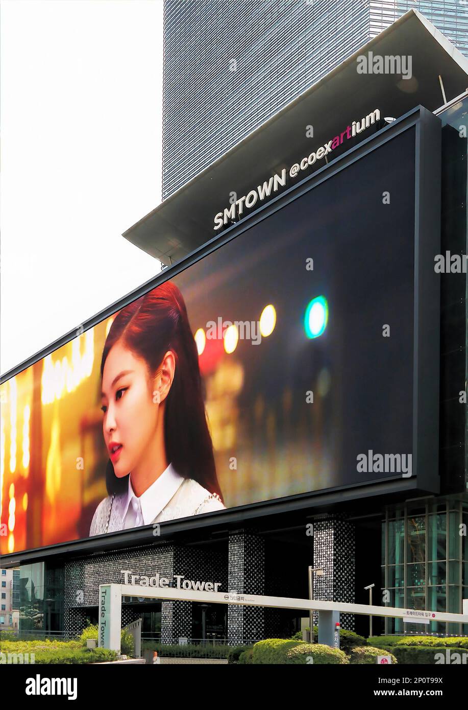 Seoul, South Korea - May 2019: Digital Led billboard at Coex Mall screen square. Entrance of SM Town and trade center and nn asian girl on the screen Stock Photo