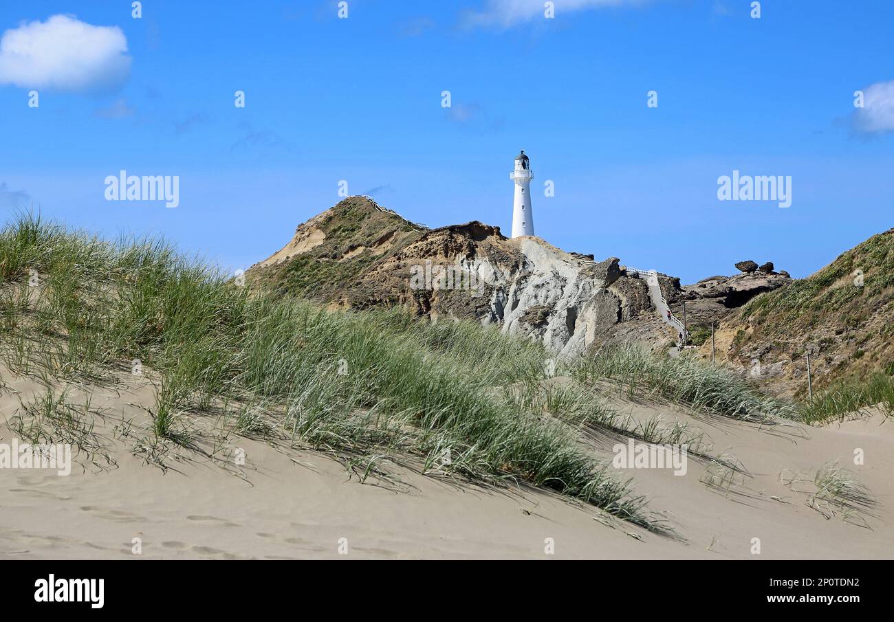 Dune and the lighthouse - Castlepoint - New Zealand Stock Photo
