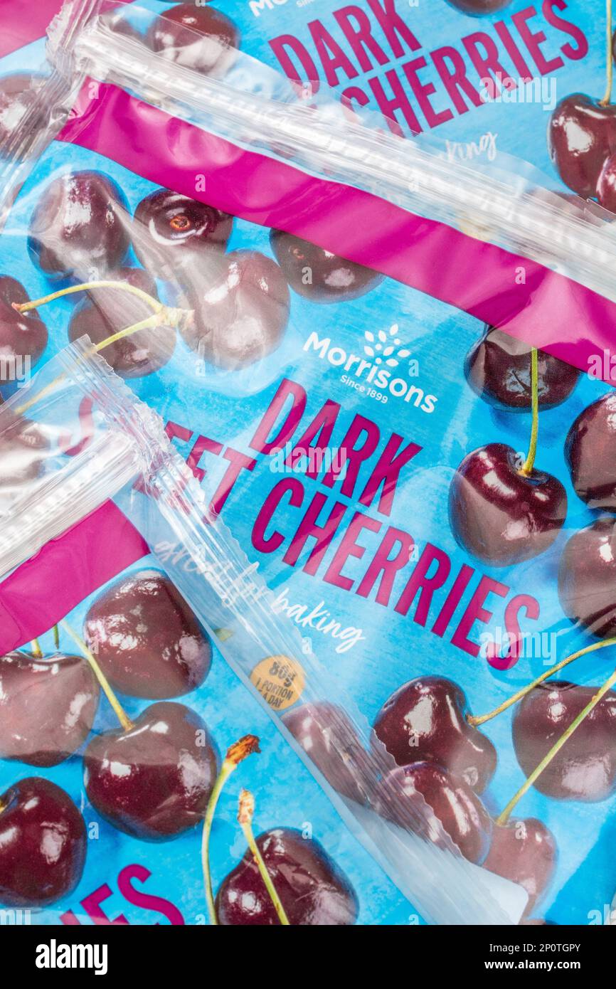 Morrisons frozen cherries' plastic single us packaging. For UK own-label brands packaging, UK supermarket chains, and frozen fruit supplies. Stock Photo