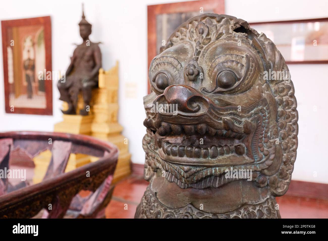 Ancient Khmer mythical lion guardian statue in National Museum of Cambodia, Pnomh Penh. Travel photo, museum collection Stock Photo