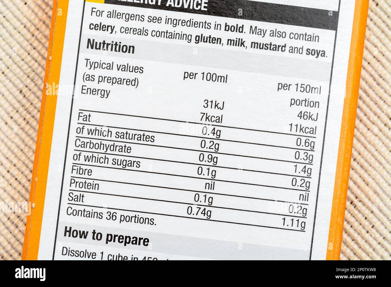 Close shot of nutritional information label on box of Morrison's own