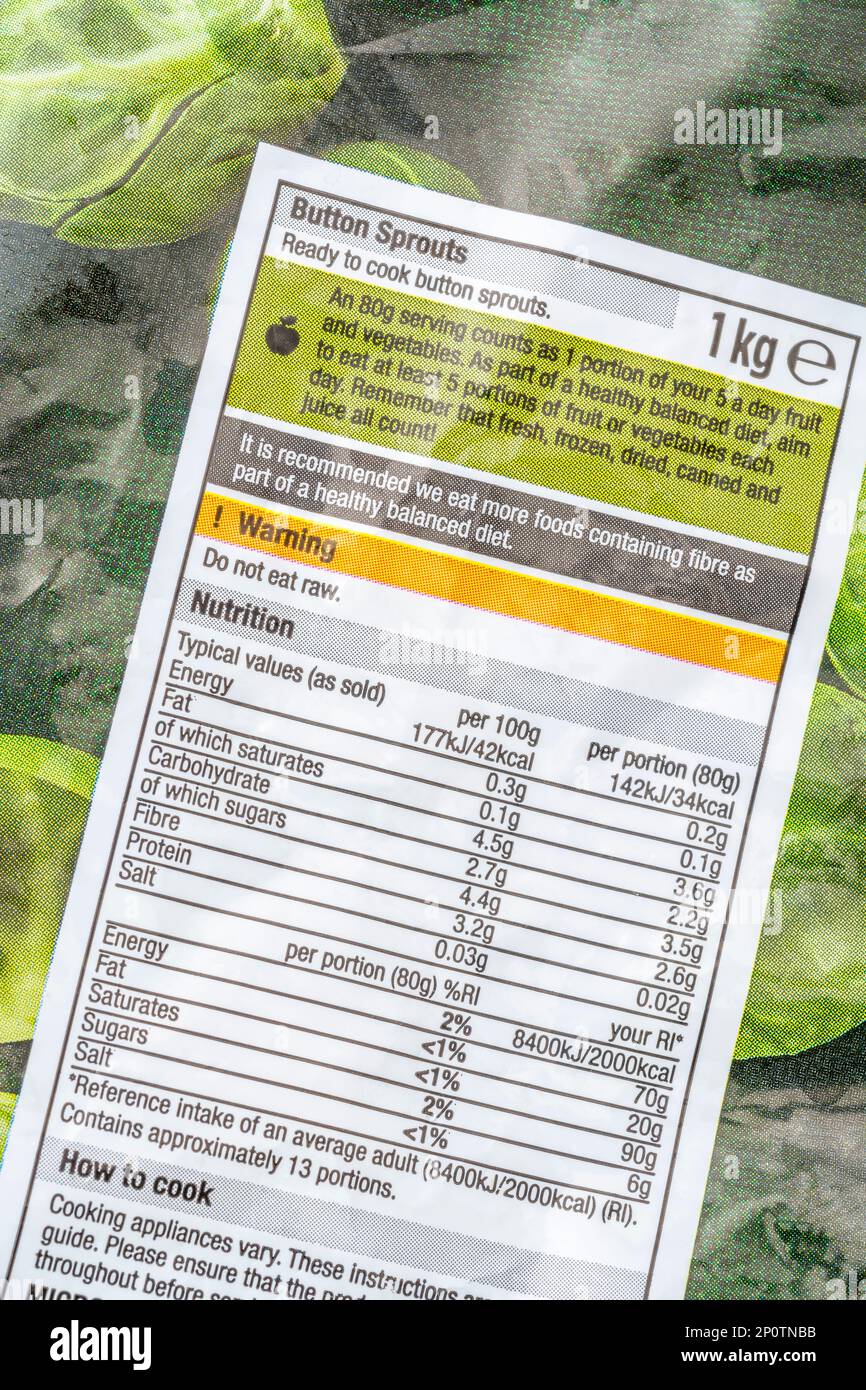 Close shot of Morrison's own-label frozen sprouts packet with nutrition / dietary information label in a boxout. For own-label branded veggies in UK. Stock Photo