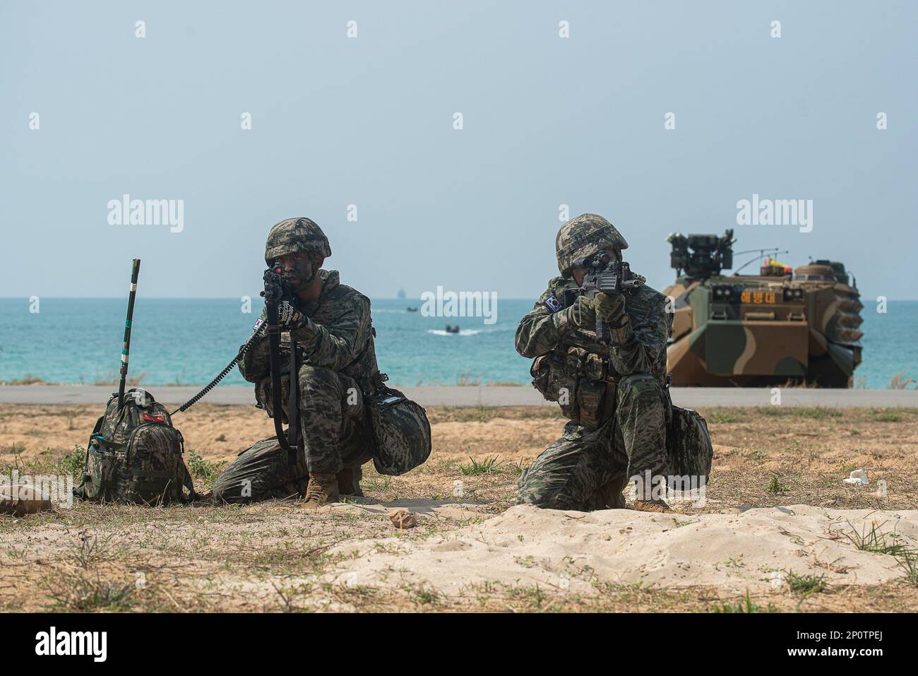 South Korean marines participate in an amphibious assault exercise as part of the Cobra Gold 2023 joint military exercise at the military base in Sattahip, Chonburi. The Cobra Gold exercise is the largest joint multilateral military exercise in Southeast Asia, co-hosted annually in Thailand by the Royal Thai Armed Forces (RTARF) and the U.S. Indo-Pacific Command. The Cobra Gold 2023 on this year's the 42nd iteration with seven fully participating countries ñ Thailand, the United States, Singapore, Japan, Indonesia, the Republic of Korea, and Malaysia. Stock Photo