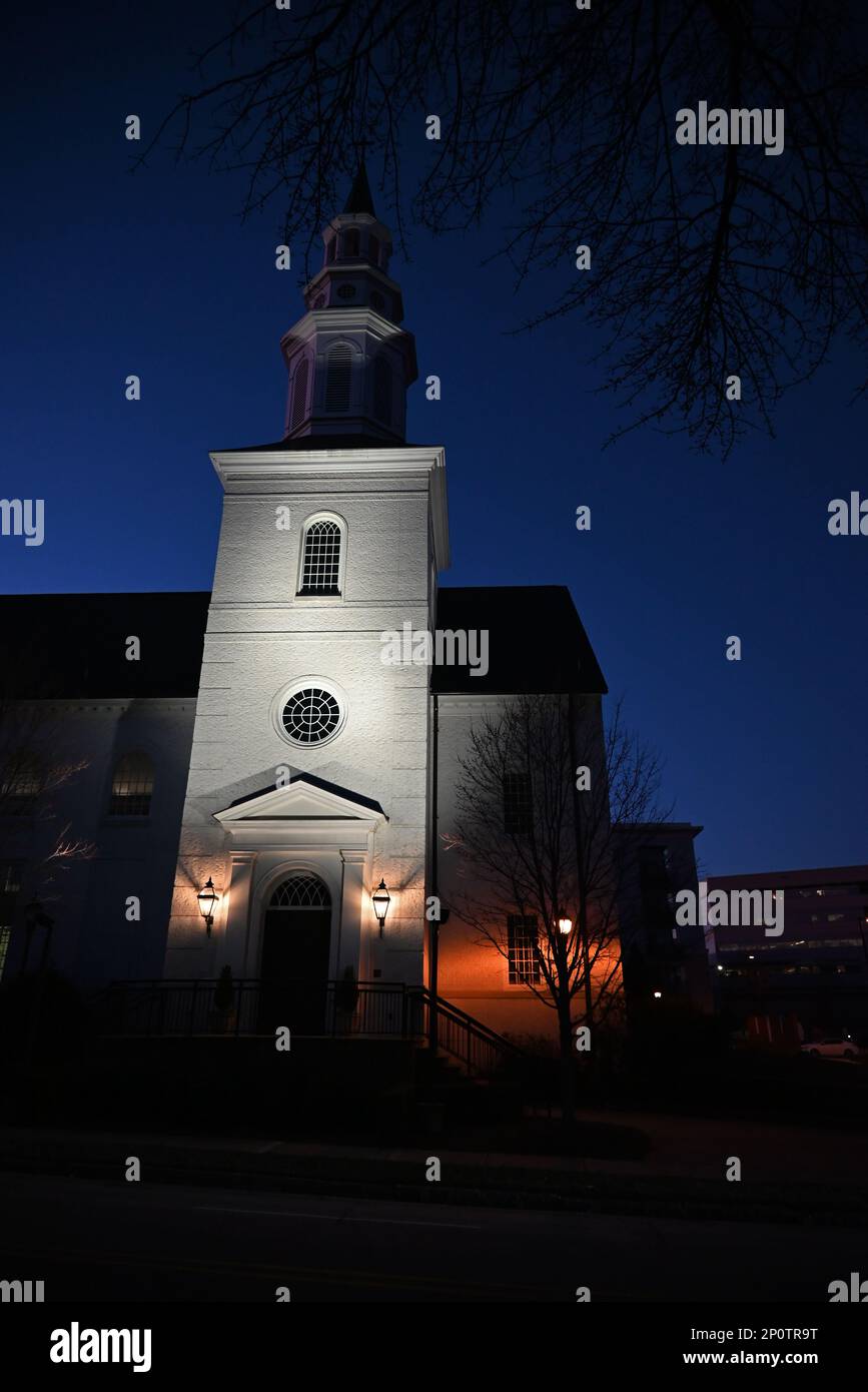 The Holy Trinity Church at night in Raleigh, North Carolina. Stock Photo