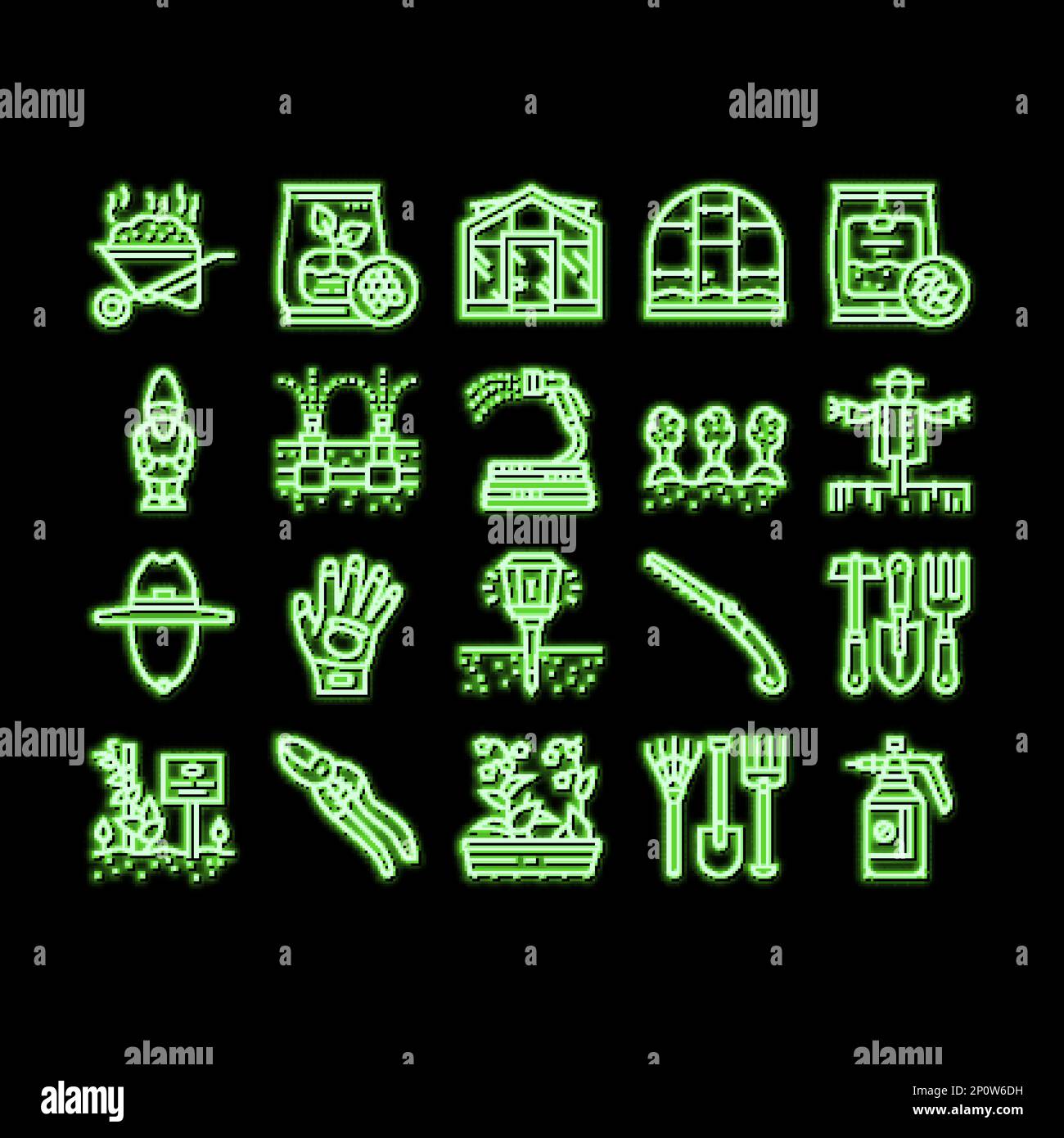 Set of neon garden tools and accessories icon Vector Image
