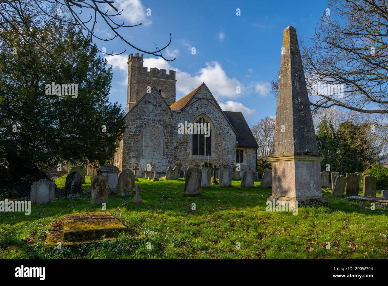 The church of St Margaret in Addington village near West Malling Kent with the Locker tomb in foreground. Stock Photo