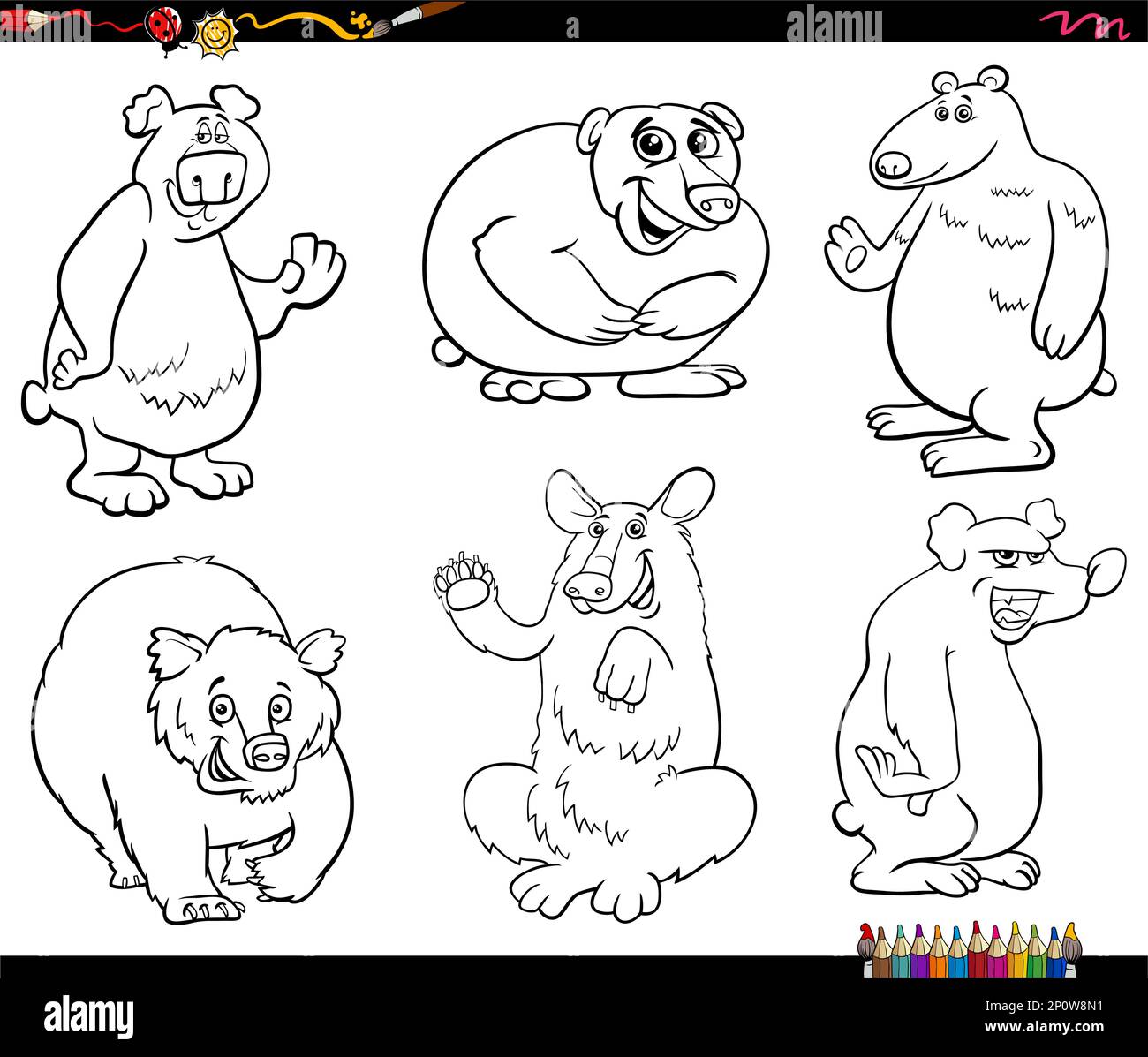 Black and white cartoon humorous illustration of bears animal