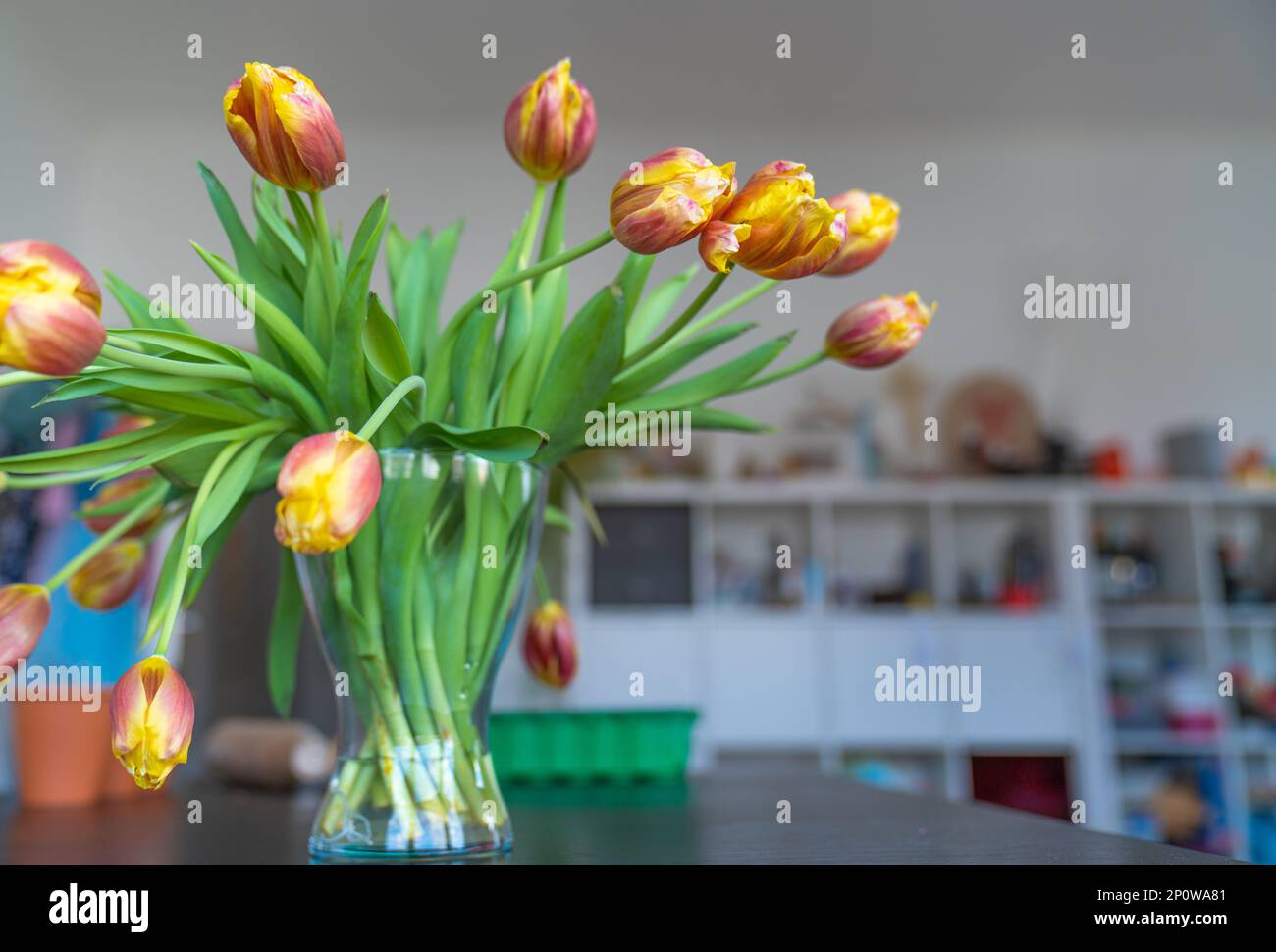 Bouquet of tulips in a transparent vase on the table in the apartment with a wardrobe on the background. Stock Photo
