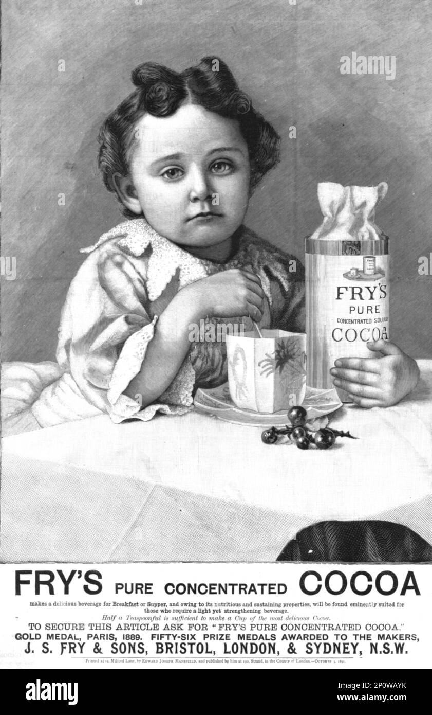''Fry's Pure Concentrated Cocoa', 1891. From &quot;The Graphic. An Illustrated Weekly Newspaper&quot;, Volume 44. July to December, 1891. Stock Photo